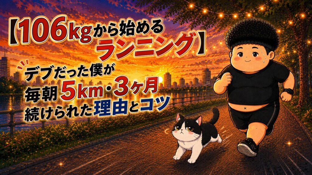 「106kgから始めるランニング」と書かれたアイキャッチのイラスト。夕焼けの河川敷を走る場面