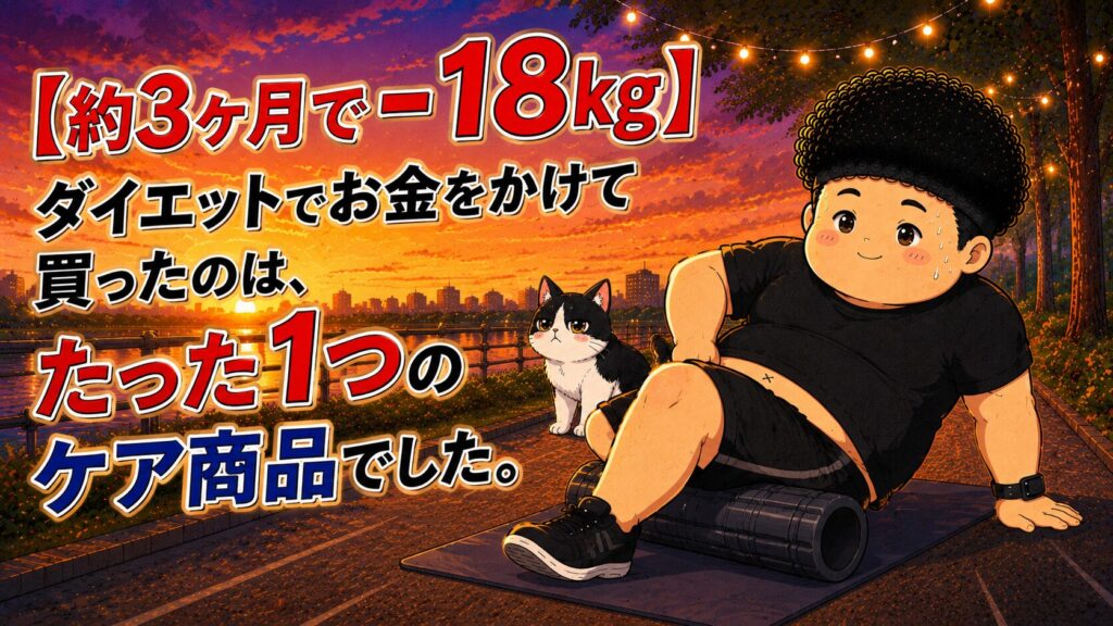「ダイエットでお金をかけて買ったのは、たった1つのケア商品でした」と書かれたアイキャッチのイラスト。フォームローラーを使う場面