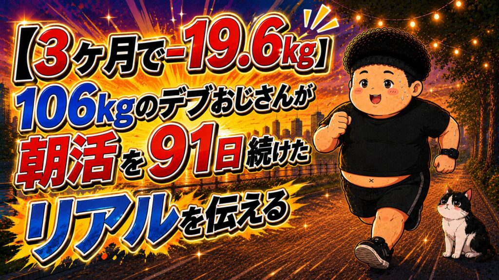 「106kgのデブおじさんが朝活を91日続けたリアルを伝える -19.6kg」と書かれたアイキャッチのイラスト