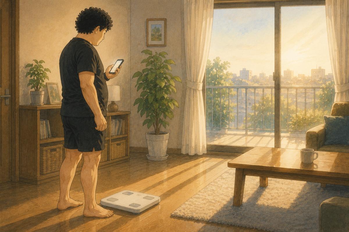 朝のリビング。体組成計から降りて、記録アプリを開いたスマートフォンを見ている男性