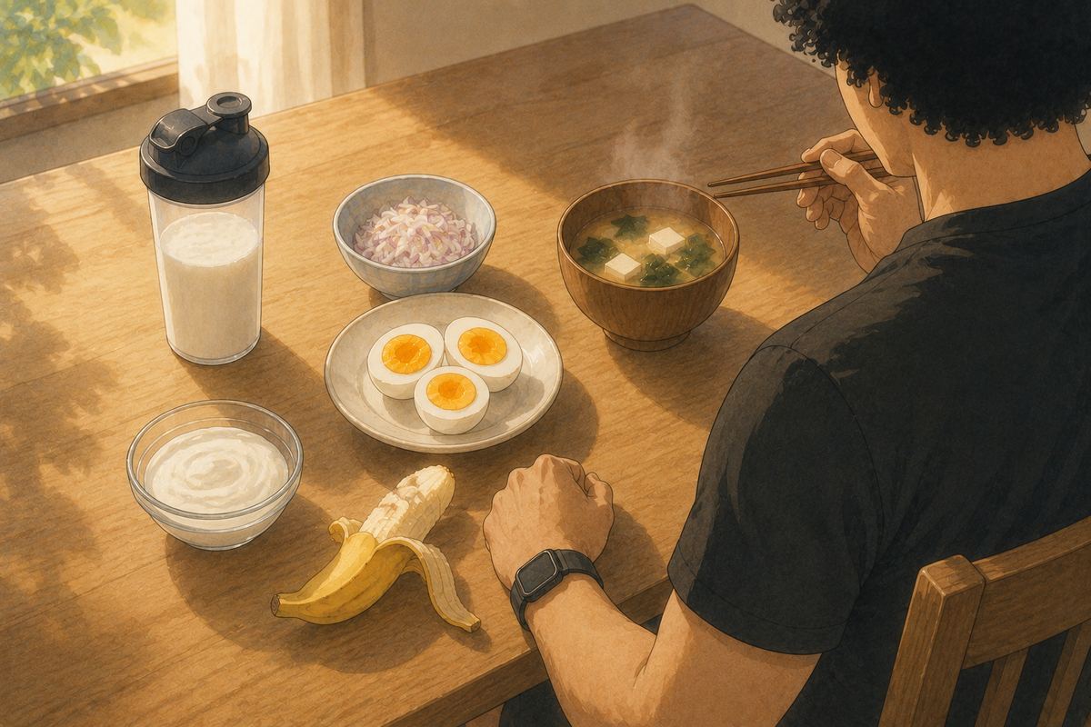 木のテーブルに並んだ朝ごはん。プロテインのシェイカー、酢玉ねぎ、ゆで卵、わかめと豆腐の味噌汁、ヨーグルト、バナナ