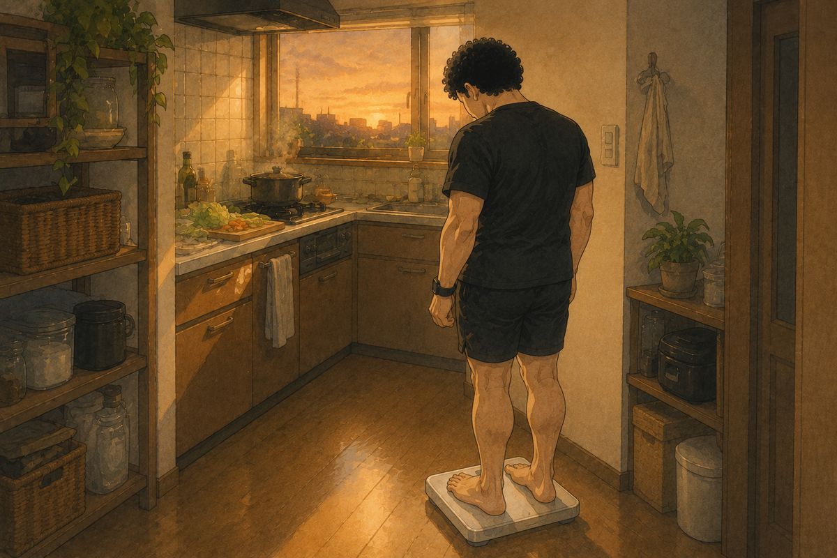 夕方の台所。晩ご飯の支度をしている横で、体重計に乗って足元を見下ろしている男性