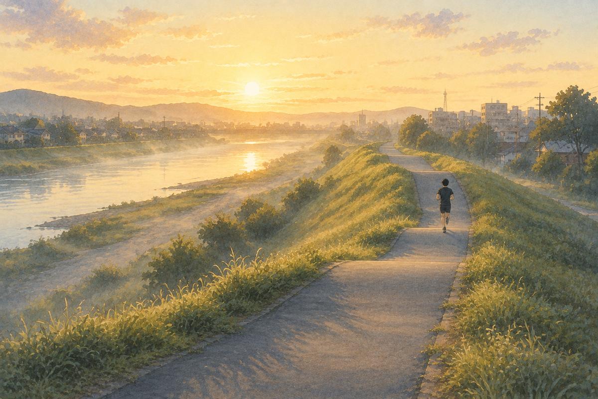 朝焼けの川沿いのランニングコース。上り下りを繰り返しながら遠くへ続く道を、男性が小さく走っている