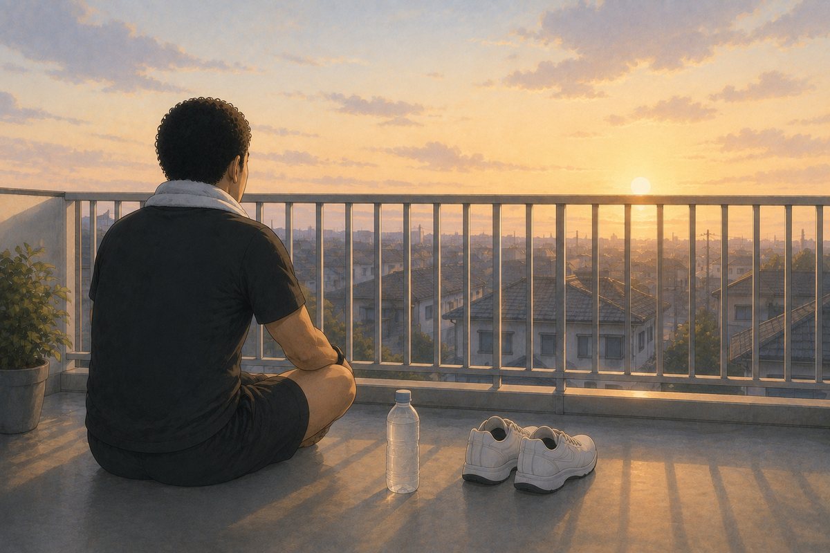 走り終えた朝、ベランダに座って朝日を見ている男性のイラスト