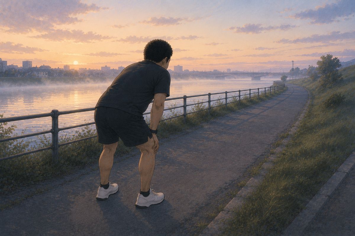 朝もやの川沿いで、ひざに手をついて息を整えているランニング姿の男性のイラスト