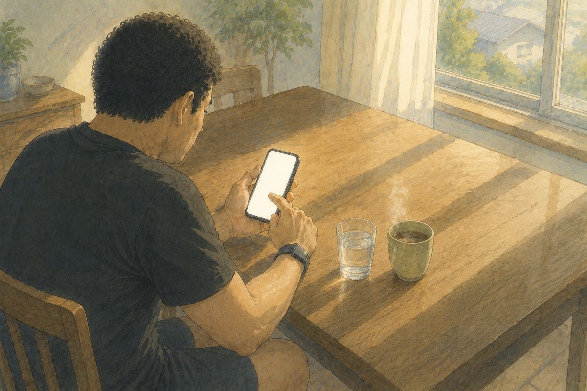朝の食卓で、スマートフォンの記録アプリに体重を打ち込んでいる男性のイラスト