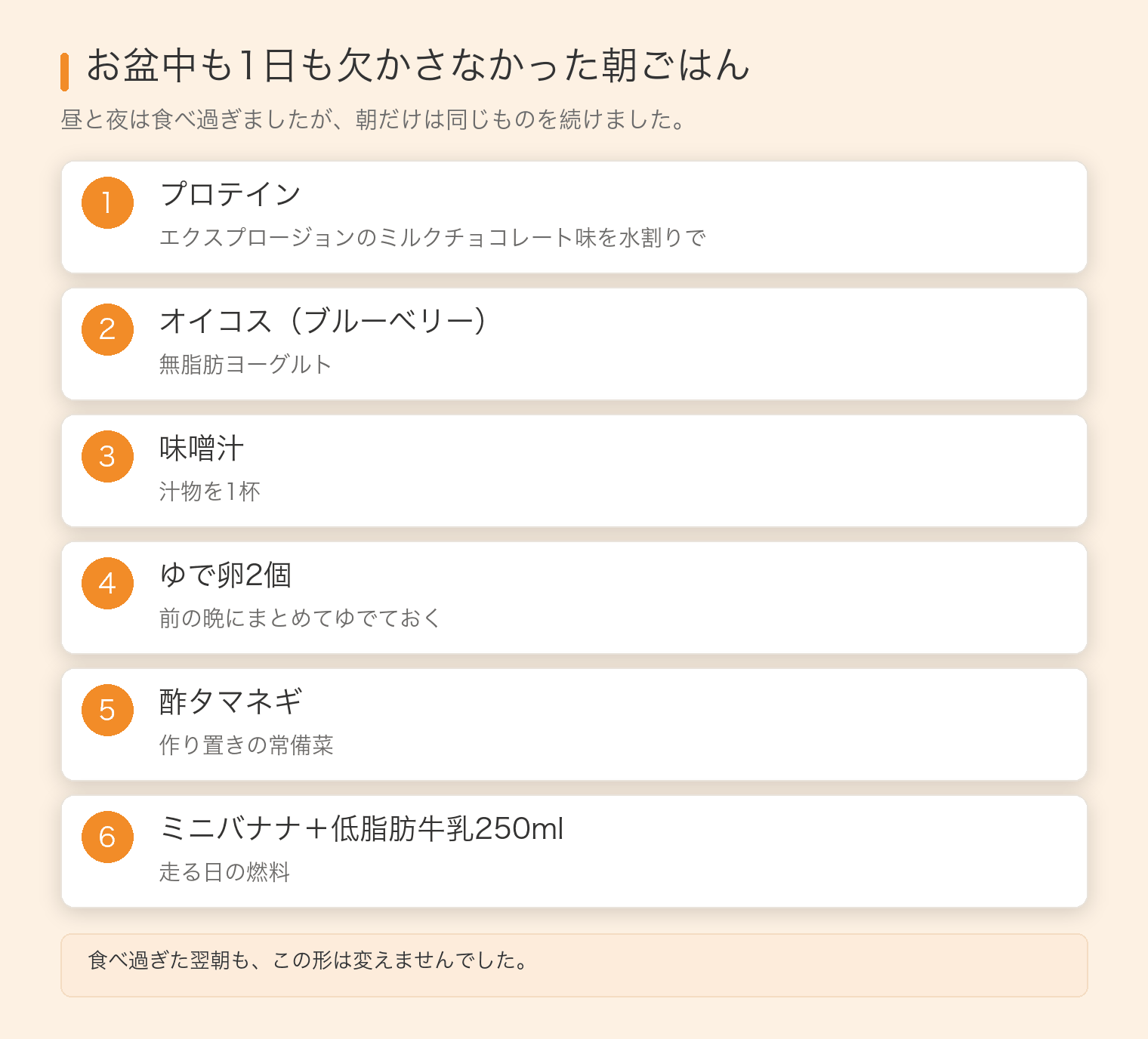 お盆中も欠かさなかった朝ごはんの中身。プロテイン、オイコス、味噌汁、ゆで卵、酢タマネギ、ミニバナナ、低脂肪牛乳