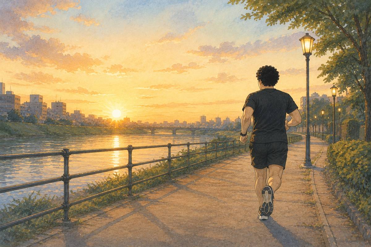 食べ過ぎた翌朝も、いつも通り川沿いを走る男性の後ろ姿のイラスト。朝焼けの空と点いたままの街灯
