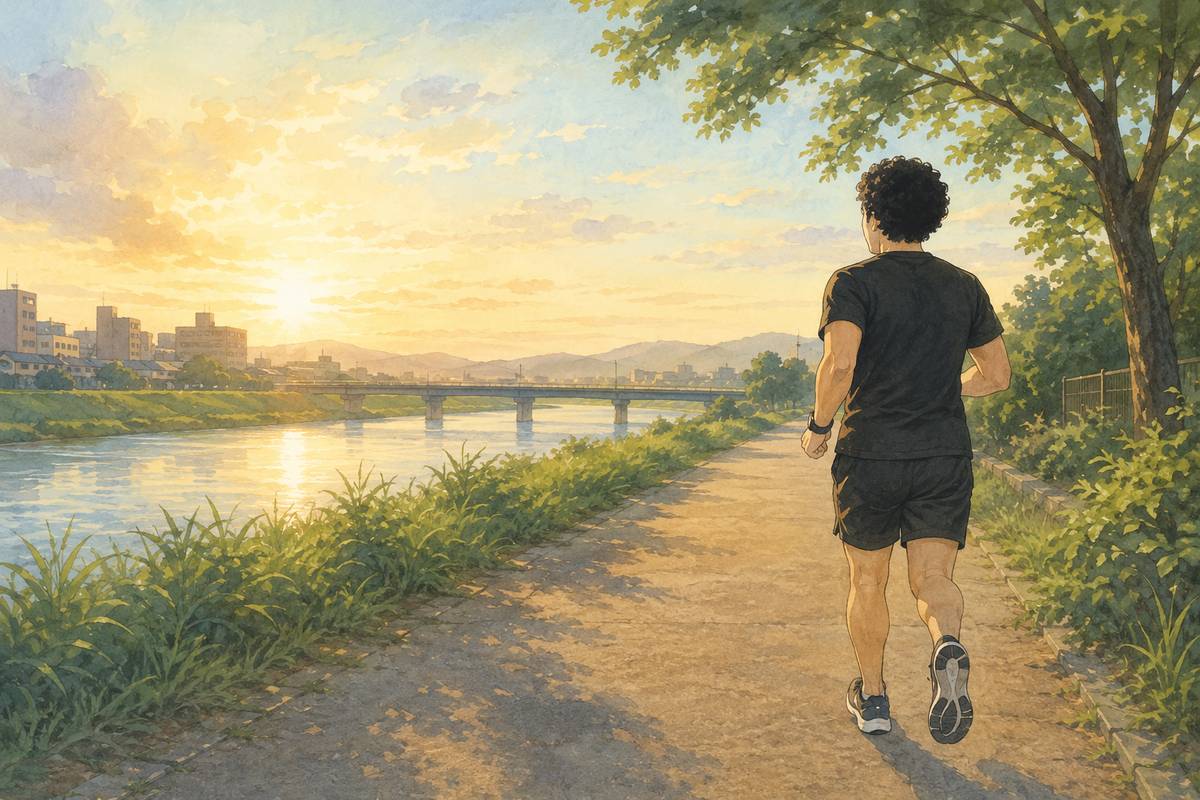 朝の川沿いの道を走り出す男性の後ろ姿のイラスト。川と緑と朝日