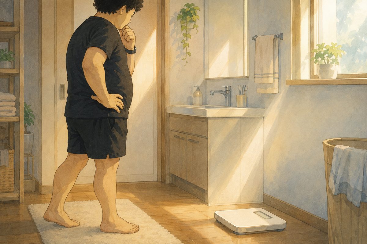 洗面所で体重計の前に立ち、乗るのをためらっている男性のイラスト