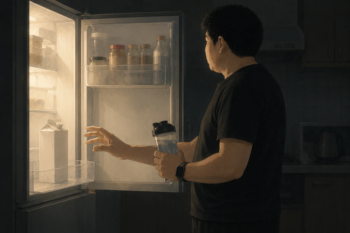 薄暗い朝のキッチンで冷蔵庫を開け、牛乳のパックに手を伸ばしかけて止まっている男性。もう片方の手にシェイカーを持っている。