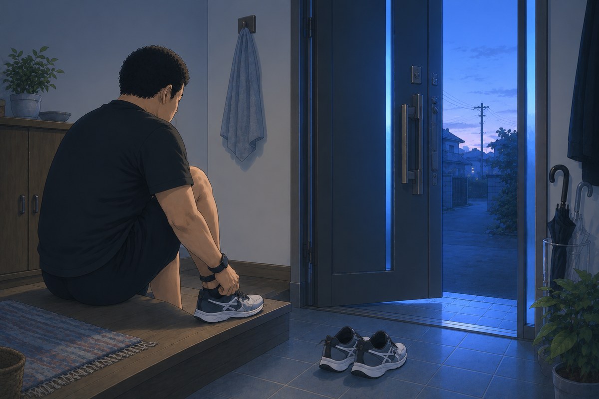 夜明け前の玄関で、ランニングシューズに足を入れる男性のイラスト