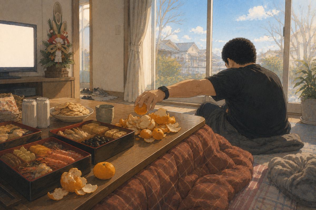 正月のこたつで、みかんの皮を積み上げながら食べ続ける男性のイラスト