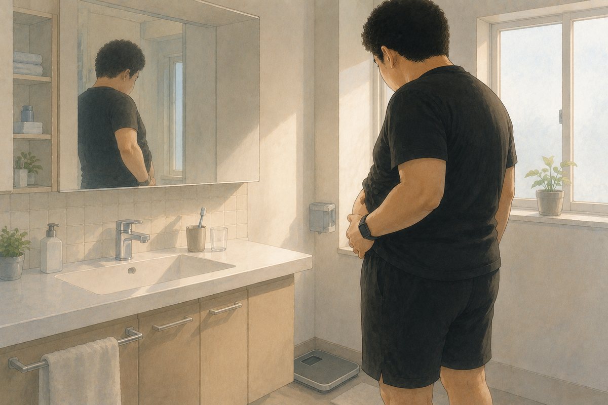 洗面所の鏡の前で、リバウンドして戻ったお腹を見下ろす男性のイラスト