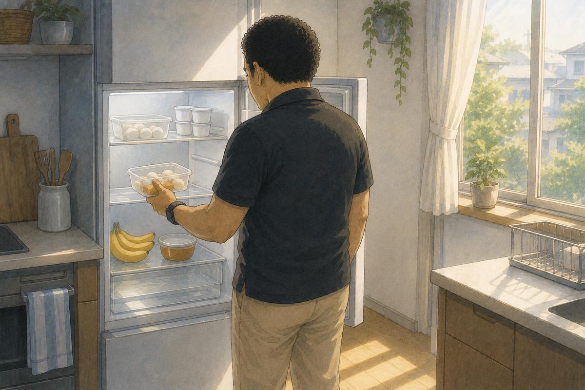 朝の台所で冷蔵庫を開け、ゆで卵の容器を取り出そうとしている男性のイラスト。棚にはバナナとヨーグルト