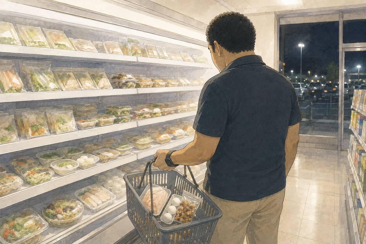 夜のコンビニで、買い物かごにサラダチキンとゆで卵とナッツを入れて棚の前に立つ男性のイラスト