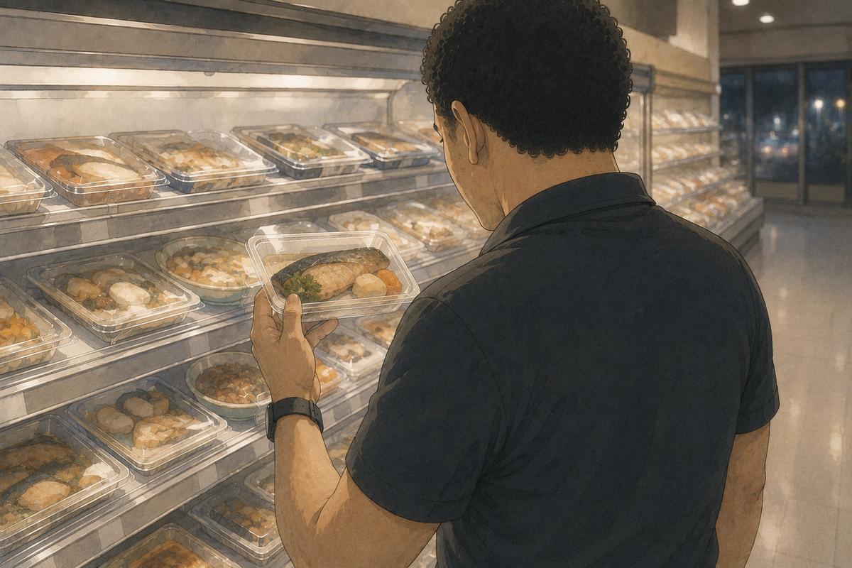夜のスーパーの惣菜コーナーで、焼き魚のパックを1つ手に取って見ている男性のイラスト