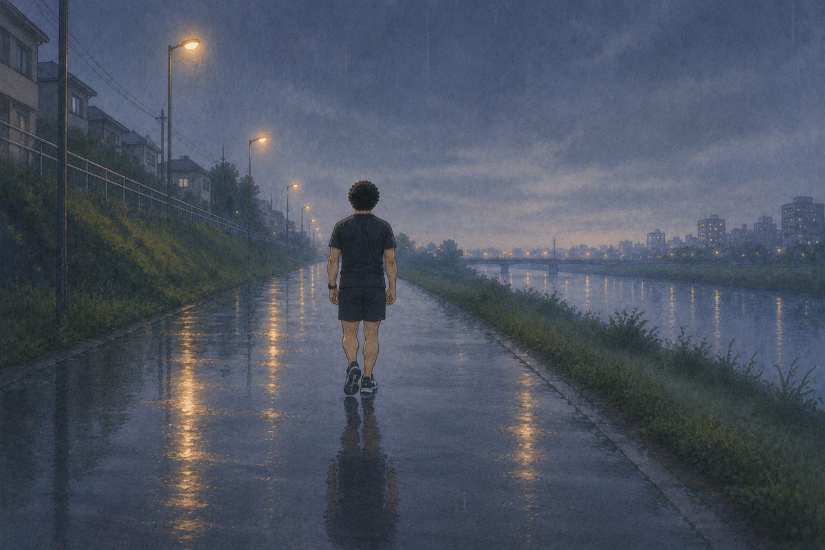 小雨の朝、濡れた路面に街灯が映る川沿いの道を、走らずに歩いている男性の後ろ姿