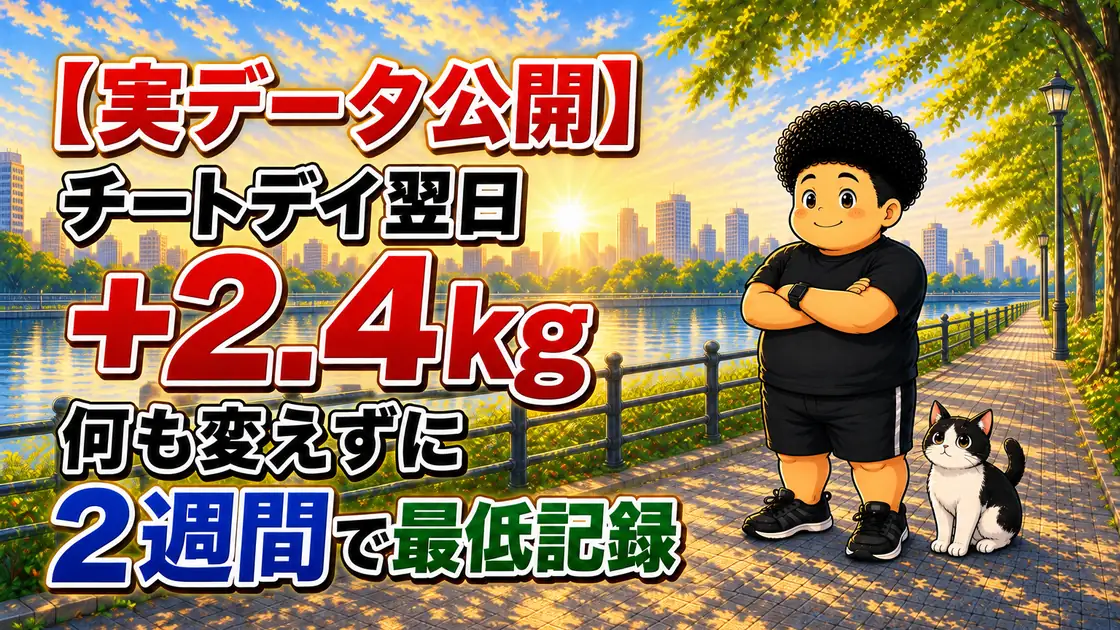 チートデイの翌日に+2.4kg増えたが、何も変えずに2週間で最低記録を更新した記録のアイキャッチ。朝の川沿いに立つ男性とハチワレ猫のイラスト