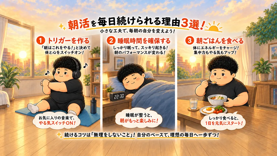 朝活を毎日続けられる理由3選の記事のアイキャッチ。トリガーを作る・睡眠時間を確保する・朝ごはんを食べるの3コマのイラスト