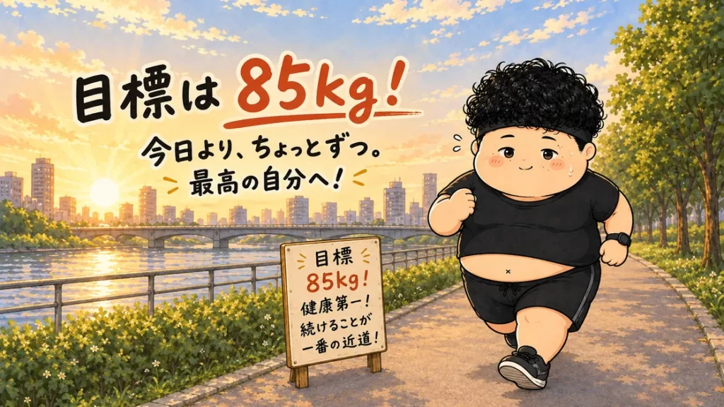 目標は85kg、今日より、ちょっとずつ。朝日の川沿いを走る男性と目標85kgの立て看板のイラスト