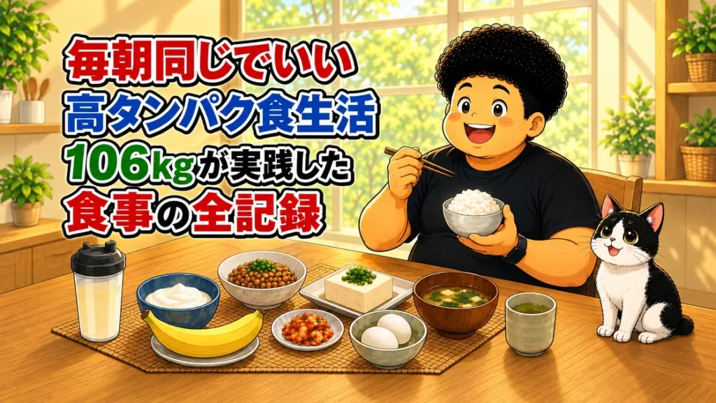 毎朝同じでいい高タンパク食生活、106kgが実践した食事の全記録の記事のアイキャッチ。朝の食卓でご飯を食べる男性とハチワレ猫、納豆や豆腐やゆで卵のイラスト