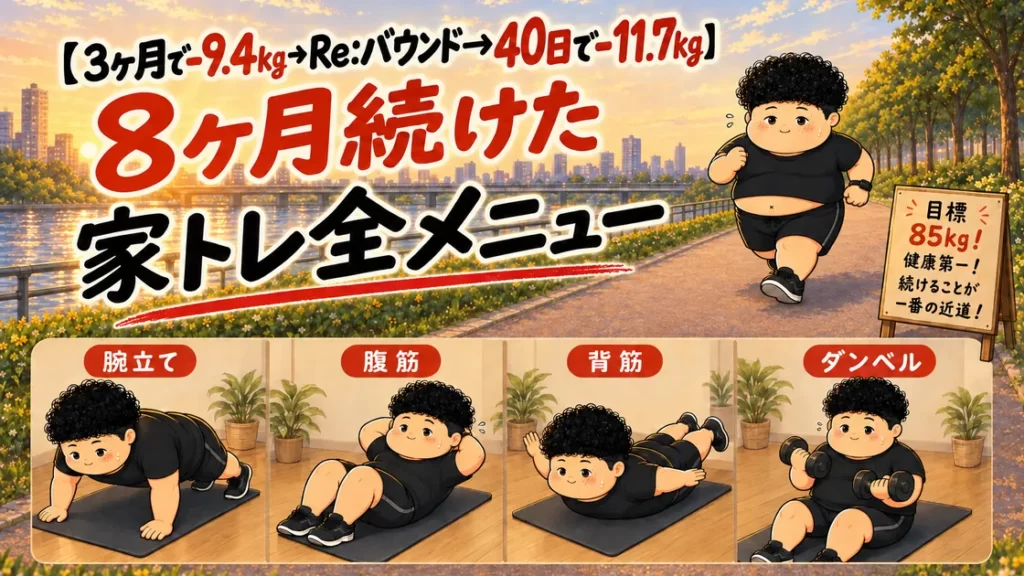 3ヶ月で-9.4kg、リバウンド、40日で-11.7kg。8ヶ月続けた家トレ全メニューの記事のアイキャッチ。川沿いを走る男性と、腕立て・腹筋・背筋・ダンベルの4つのイラスト