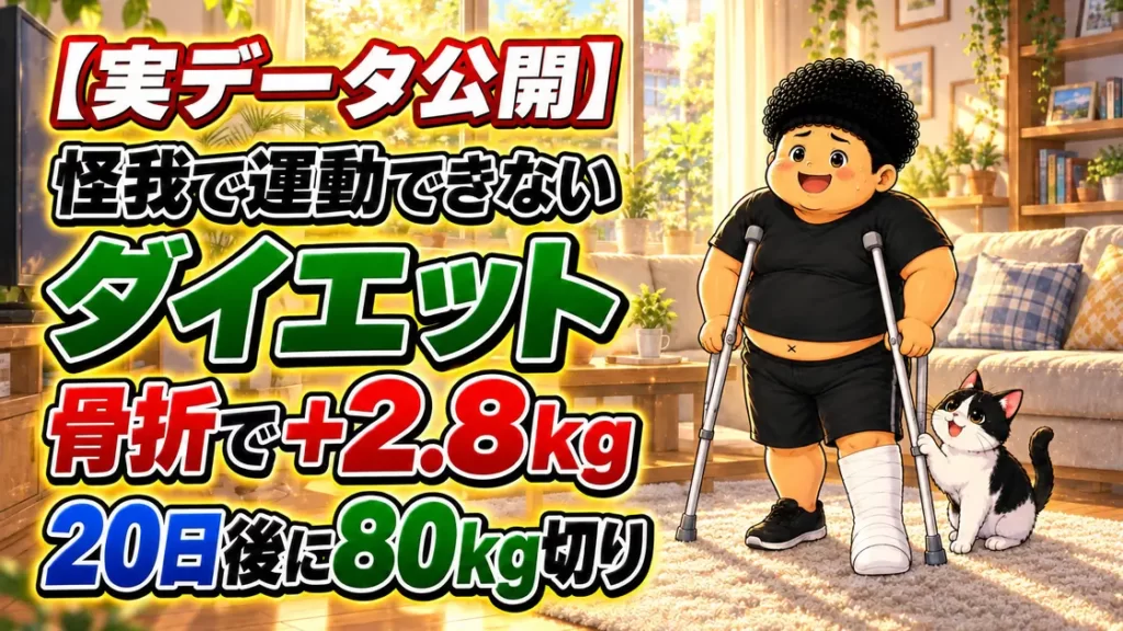 【実データ公開】怪我で運動できないダイエット。骨折で+2.8kg、20日後に80kg切り。左足にギプスをして松葉杖をついた男性と、そばで見上げる白黒の猫