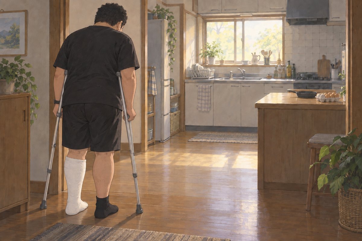 左足にギプスをして松葉杖をついた男性が、台所の入り口で立ち止まっているイラスト