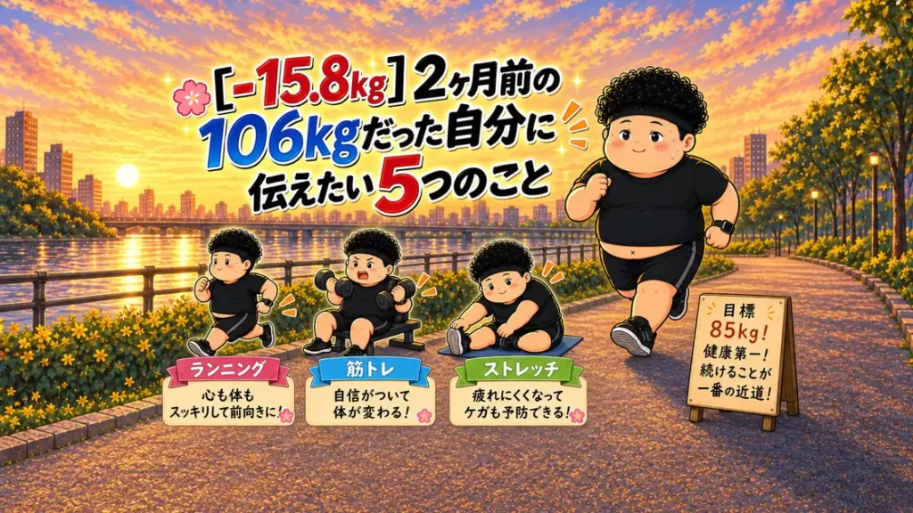 -15.8kg、2ヶ月前の106kgだった自分に伝えたい5つのことを書いた記事のアイキャッチ。夕焼けの川沿いを走る男性と、ランニング・筋トレ・ストレッチの小さなイラスト