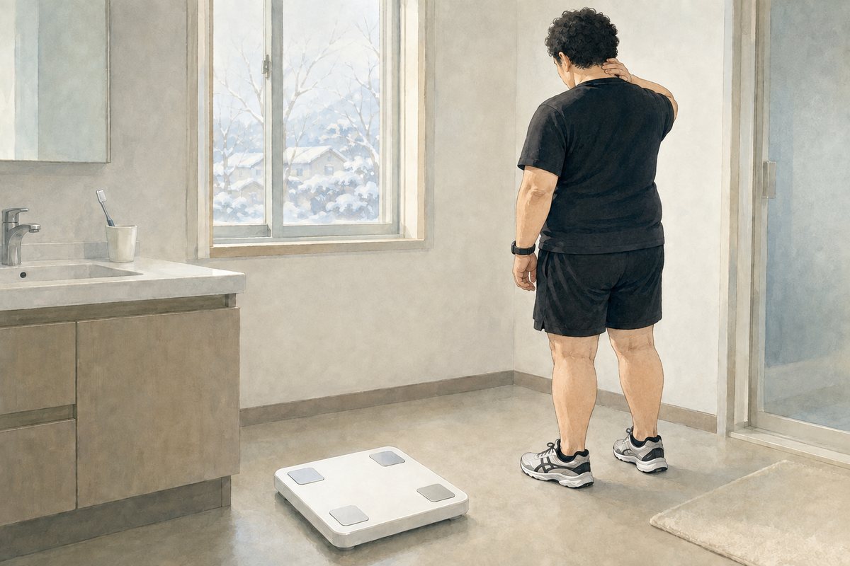 正月の朝の洗面所で、体重計の前に立ち止まって乗るのをためらっている男性の後ろ姿のイラスト