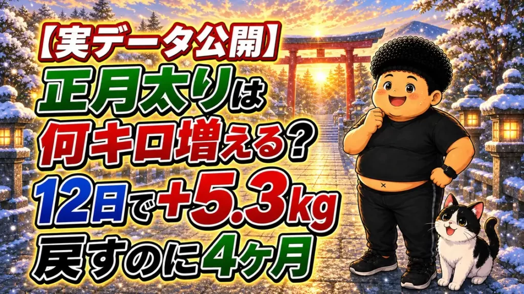 正月太りは何キロ増えるかをまとめたアイキャッチ。12日で+5.3kg、戻すのに4ヶ月の文字と、雪の神社の参道に立つ男性と猫のイラスト
