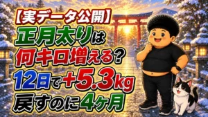 正月太りは何キロ増えるかをまとめたアイキャッチ。12日で+5.3kg、戻すのに4ヶ月の文字と、雪の神社の参道に立つ男性と猫のイラスト