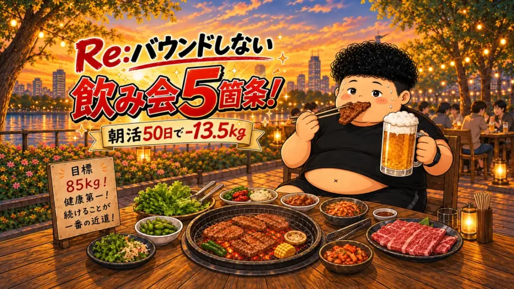 Re:バウンドしない飲み会5箇条、朝活50日で-13.5kgの記事のアイキャッチ。夕暮れの屋外で焼肉とビールを楽しむ男性のイラスト