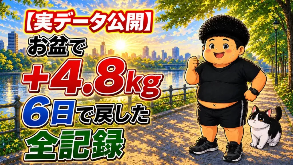 お盆に3日間食べ過ぎて+4.8kg増えた体重を6日で戻した記録のアイキャッチ。朝日の川沿いに立つ男性とハチワレ猫のイラスト