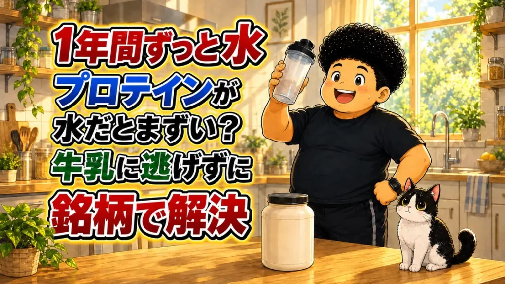 プロテインを1年間ずっと水で飲み、牛乳に逃げずに銘柄を変えて解決した記録のアイキャッチ。シェイカーを持つ男性とハチワレ猫のイラスト
