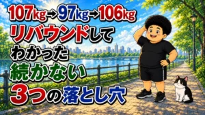 107kgから97kg、そして106kgへリバウンドしてわかった、続かない3つの落とし穴の記事のアイキャッチ。朝の川沿いで頭に手をやる男性とハチワレ猫のイラスト